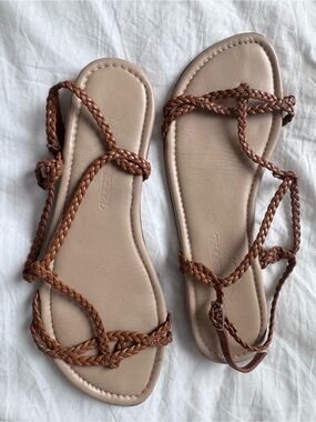 Braided Lace-Up Flat Sandals in Tan